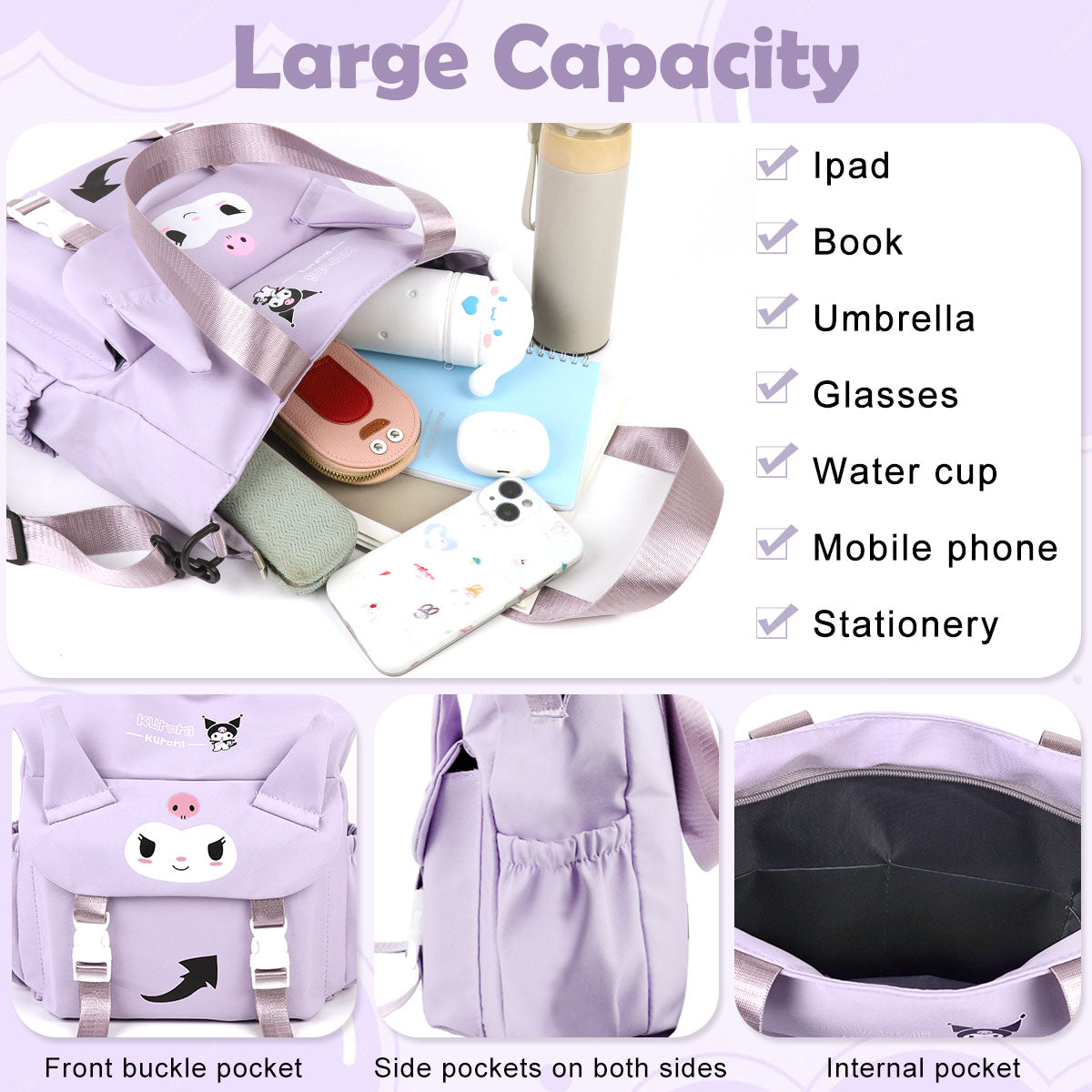 Climberty Kawaii Tote Bag for Girls Kuromi Nylon Shoulder Bag School Girls Book Bag Casual Hand Bag with Removable Shoulder Strap Travel Shoulder Bag Birthday Gift Christmas Gift for Kids, 30x32x9cm Climberty Kawaii Tote Bag for Girls Kuromi Nylon Shoulder Bag School Girls Book Bag Casual Hand Bag with Removable Shoulder Strap Travel Shoulder Bag Birthday Gift Christmas Gift for Kids, 30x32x9cm